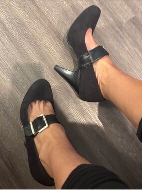 Fergalicious‎ Black Suede Mary Jane Heels with Buckle Strap